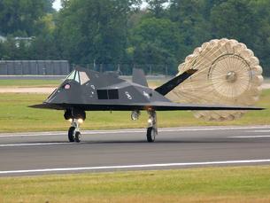 F-117 Nighthawk utilizing a drag chute to slow landing speed