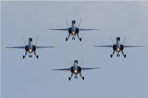 FA-18 Hornet – This Blue Angels formation is called the Dirty 4 because all flaps are down, all speed brakes are out, all tailhooks are down, and all landing gears are down.