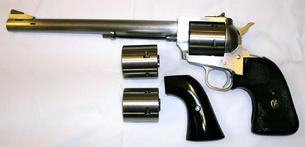 Freedom Arms Model 83 Premier Grade .454 Casull Single-Action Revolver with black Micarta and Pachmayr grips and .45 Colt and .45 Auto Cylinders